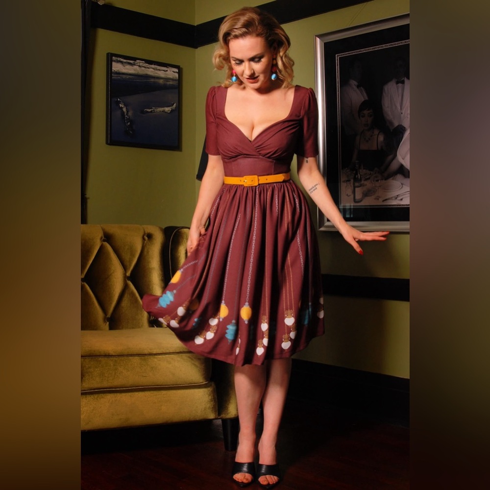 Pinup Couture Burgundy Midi Dress with Yellow Belt and Multicolor Print